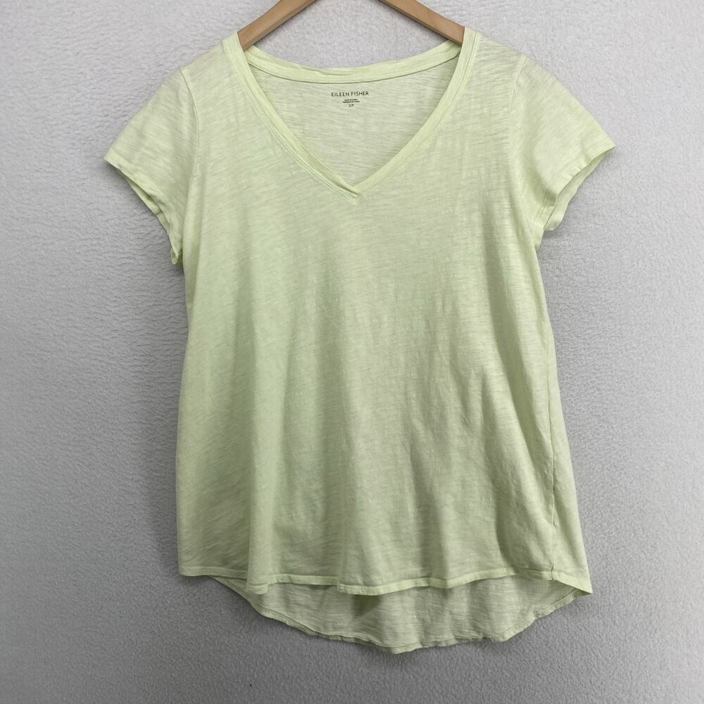EILEEN FISHER Top S Slub Organic Cotton Jersey V-Neck Short Sleeve Green